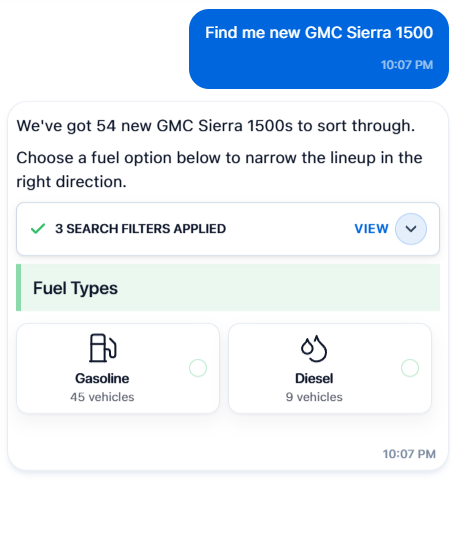 Eva answering "Find me new GMC Sierra 1500" on a dealership website: 54 new Sierra 1500s, then a gasoline or diesel choice with live counts