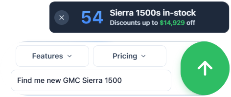 On-page launcher: 54 Sierra 1500s in stock, discounts up to $14,929 off, with a search box