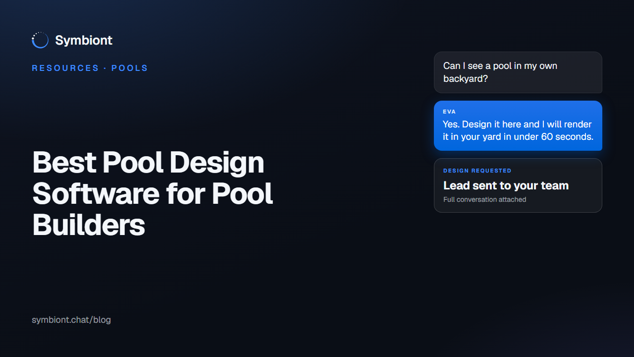 Best pool design software for pool builders: a homeowner asking to see a pool in their own backyard, and Eva by Symbiont answering that she will render it there in under 60 seconds