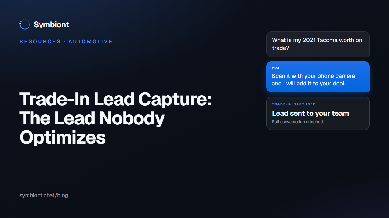 Trade-in lead capture on a dealership website: a shopper asking what their 2021 Tacoma is worth on trade, and Eva by Symbiont offering to scan it with the phone camera and add it to their deal