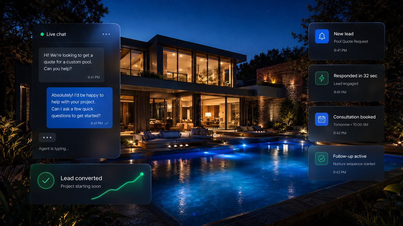 A twilight backyard pool with Symbiont's live chat answering a custom-pool quote request in 32 seconds, booking a consultation and converting the lead after hours.