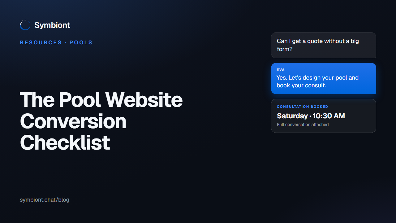 A pool website conversion checklist on a dark card, with Eva by Symbiont answering a quote request in the website chat and booking a consultation.
