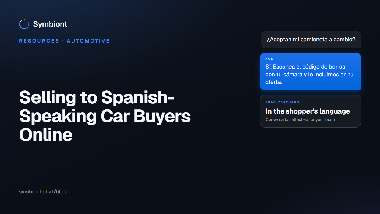 A shopper asking a dealership website a question in Spanish and getting an answer about the vehicle in Spanish, with the test-drive request captured for the sales team