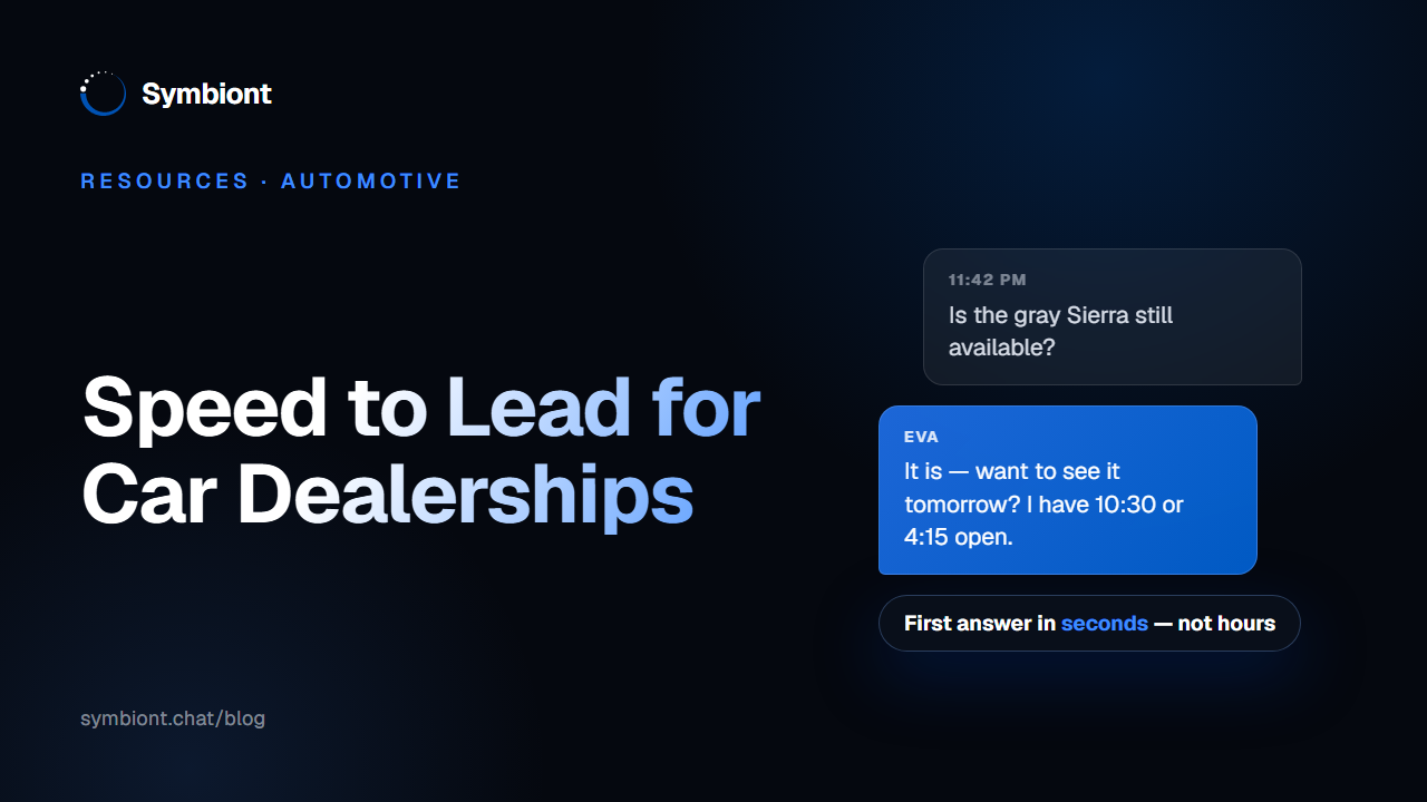 Speed to lead at a car dealership: an after-hours internet lead answered in seconds and a test drive booked by Eva, Symbiont's AI assistant
