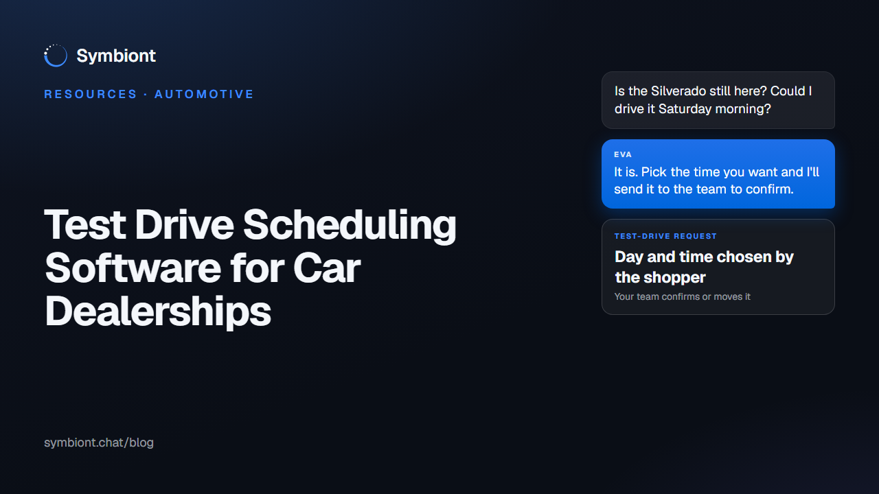 A shopper choosing a day and time for a test drive inside a dealership website conversation, with the request arriving to the sales team to confirm